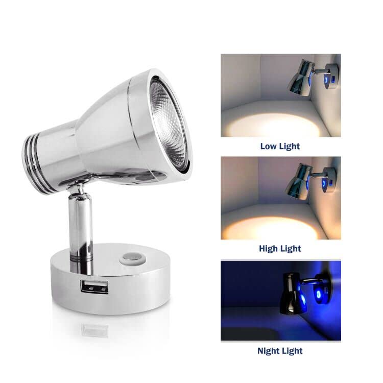 THALASSA مصباح قراءة جداري THALASSA 3W RV مع منفذ USB، تشطيب كروم جهد منخفض 0.25A، 10V-30V LED مرن مثبت على السطح، ضوء أبيض دافئ رائع للبيئة الداخلية - Image 5